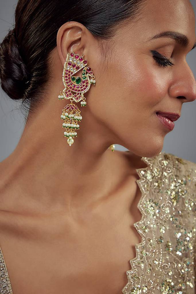 Vivinia By Vidhi Mehra Morpankh Gold Plated Pink & Green Kundan, Polki Womens Pair Of Danglers Earrings (Freesize)-Ve916 : VE916