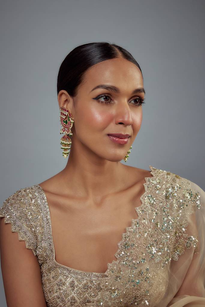 Vivinia By Vidhi Mehra Morpankh Gold Plated Pink & Green Kundan, Polki Womens Pair Of Danglers Earrings (Freesize)-Ve916 : VE916