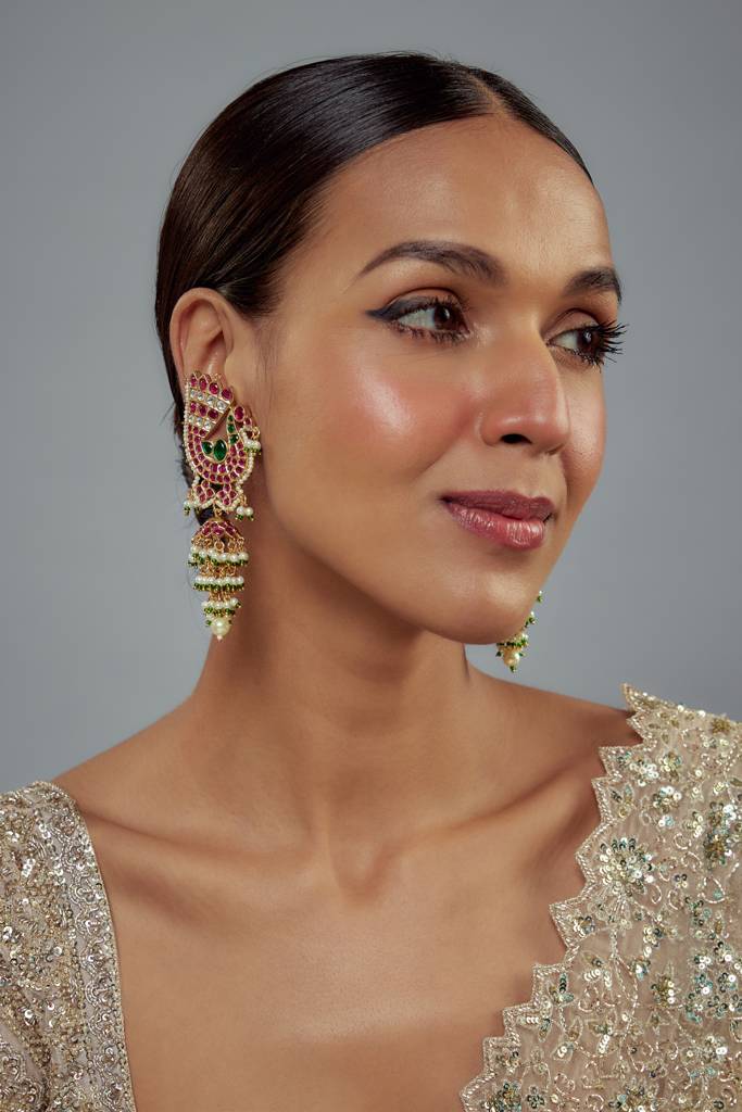 Vivinia By Vidhi Mehra Morpankh Gold Plated Pink & Green Kundan, Polki Womens Pair Of Danglers Earrings (Freesize)-Ve916 : VE916