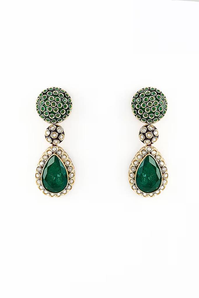 Vivinia By Vidhi Mehra Burgundy Gold Plated Green Kundan, Polki Womens Pair Of Danglers Earrings (Freesize)-Ve923 : VE923