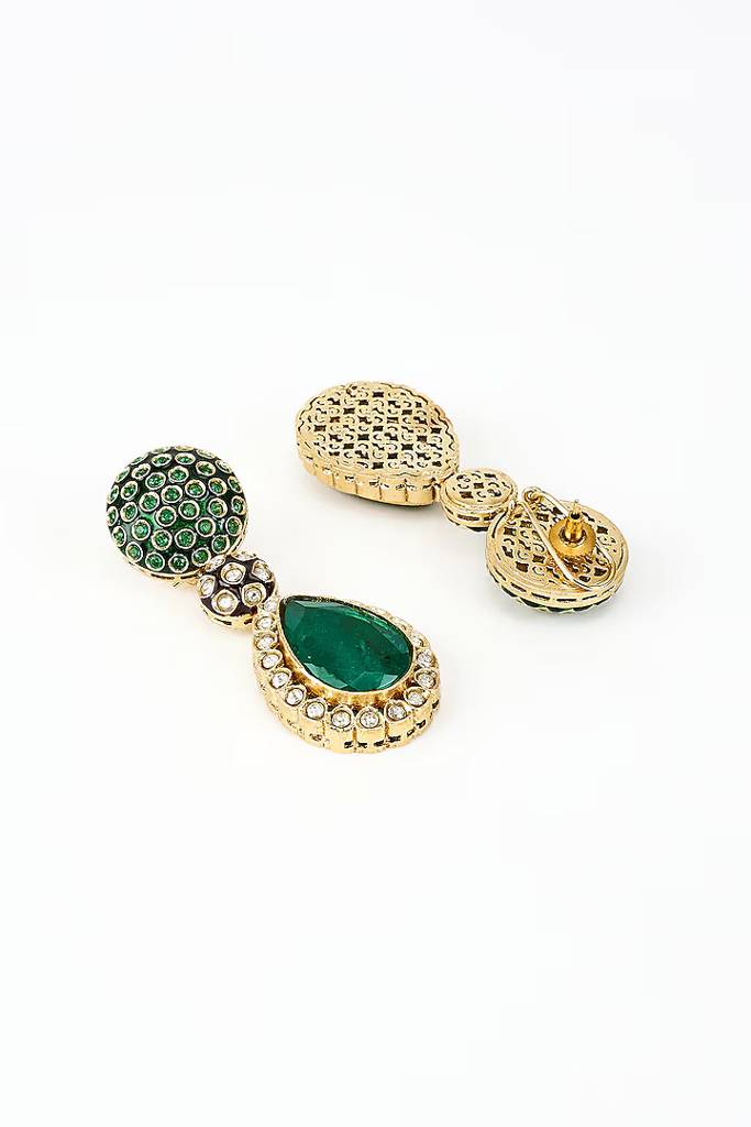 Vivinia By Vidhi Mehra Burgundy Gold Plated Green Kundan, Polki Womens Pair Of Danglers Earrings (Freesize)-Ve923 : VE923