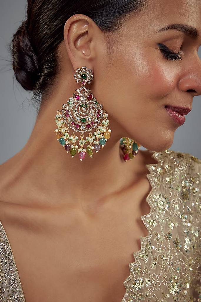 Vivinia By Vidhi Mehra Florence Gold Plated Multicolored Kundan, Polki Womens Pair Of Danglers Earrings (Freesize)-Ve925 : VE925