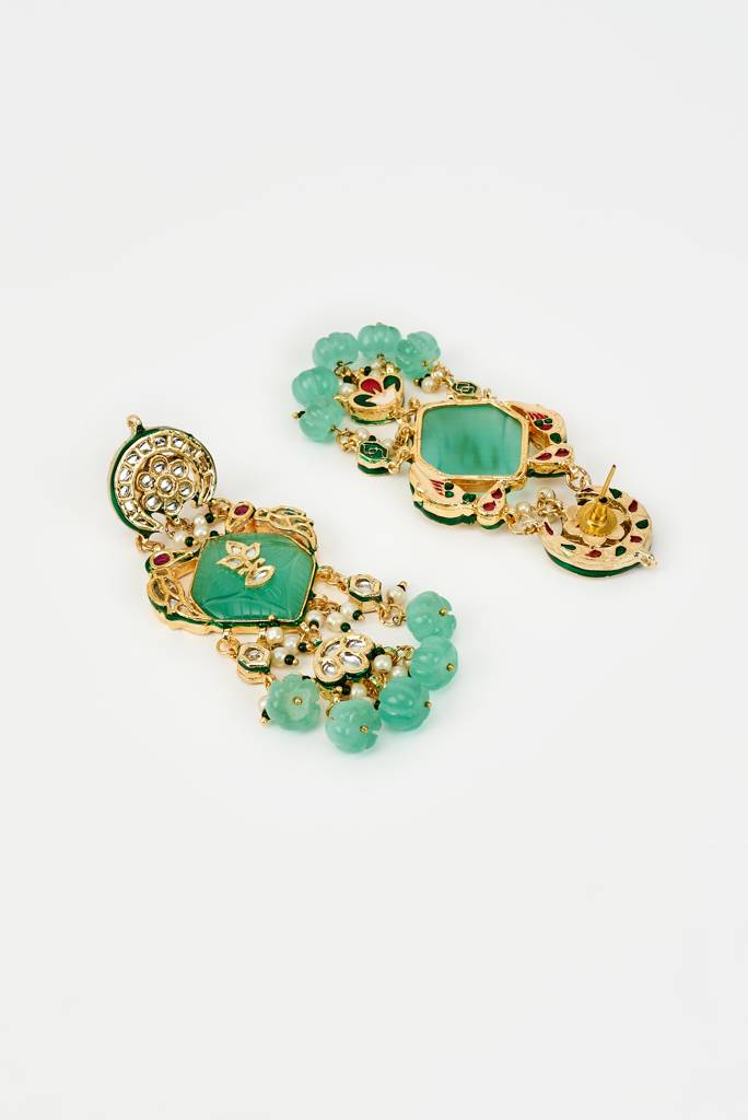Vivinia By Vidhi Mehra Saadgi Gold Plated Green Kundan, Polki Womens Pair Of Danglers Earrings -Ve948 : VE948