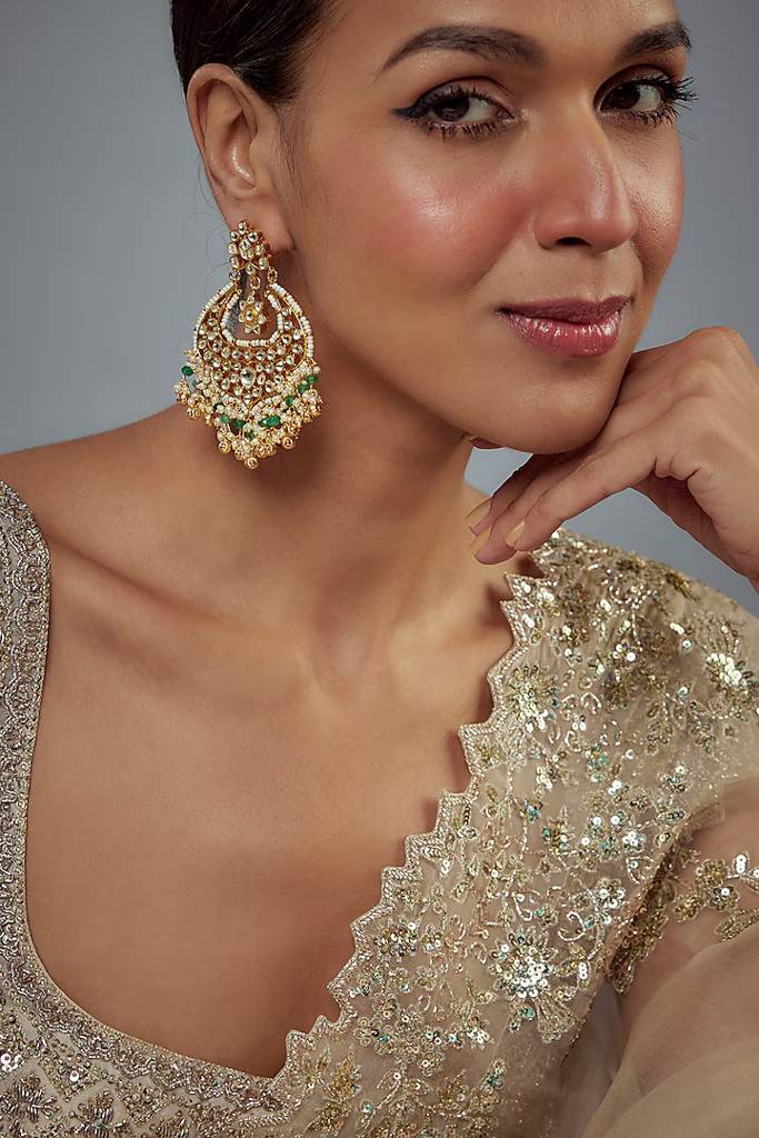 Vivinia By Vidhi Mehra Saadgi Gold Plated Green Kundan, Polki Womens Pair Of Danglers Earrings (Freesize)-Ve949 : VE949