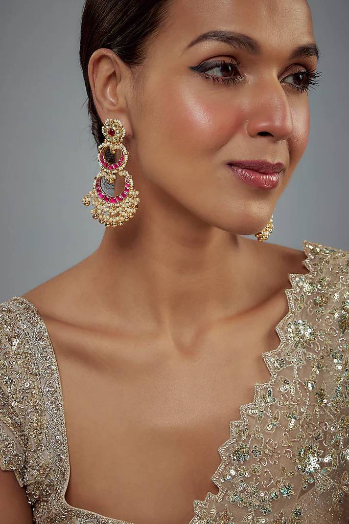 Vivinia By Vidhi Mehra Antara Gold Plated Pink Kundan, Polki Womens Pair Of Danglers Earrings (Freesize)-Ve951 : VE951