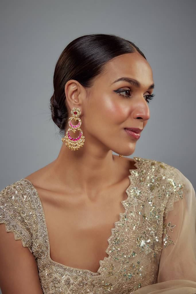 Vivinia By Vidhi Mehra Antara Gold Plated Pink Kundan, Polki Womens Pair Of Danglers Earrings (Freesize)-Ve951 : VE951