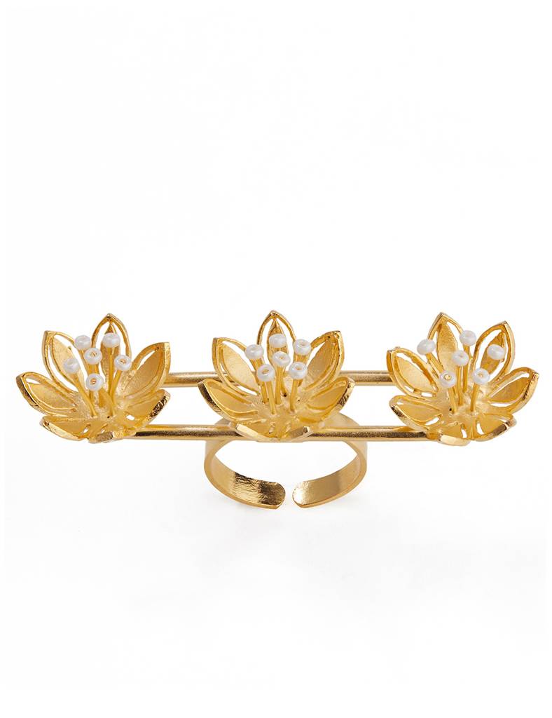Pearly Golden Flower Three Finger Ring : Z17