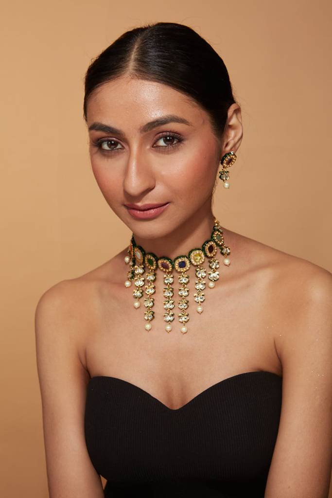 Gold Plated Multi Colour Stones Dangling Choker Necklace & Dangle Earrings Set : VN001