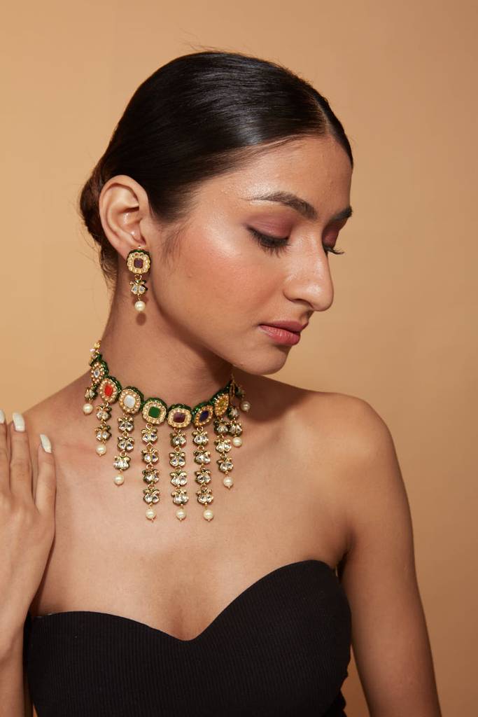 Gold Plated Multi Colour Stones Dangling Choker Necklace & Dangle Earrings Set : VN001