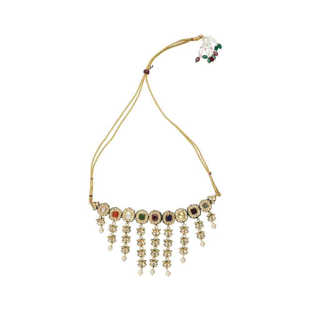 Gold Plated Multi Colour Stones Dangling Choker Necklace & Dangle Earrings Set : VN001