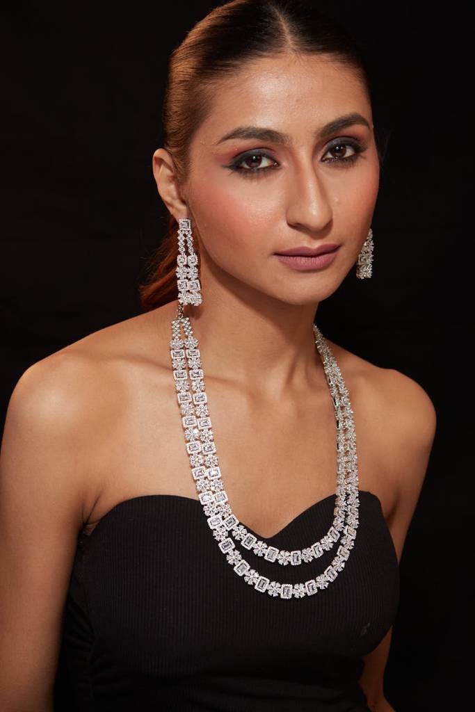 Rhodium Plated Zircon Studded Double Layer Long Necklace & Drop Earrings Set : VN003