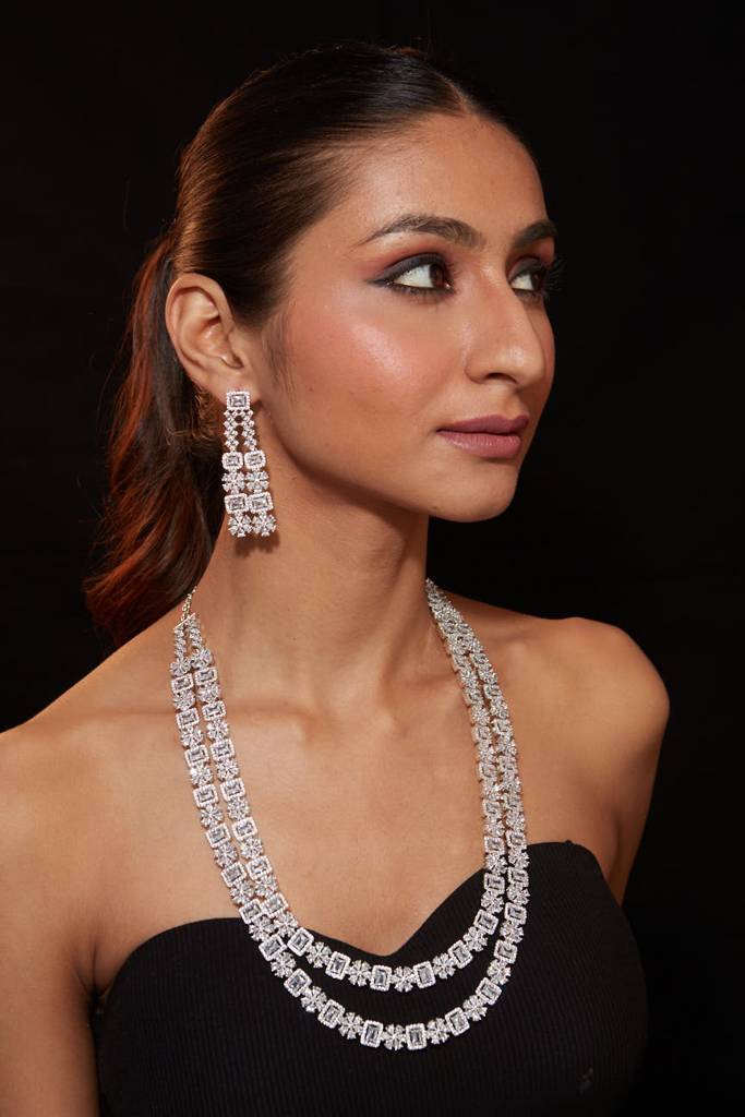 Rhodium Plated Zircon Studded Double Layer Long Necklace & Drop Earrings Set : VN003
