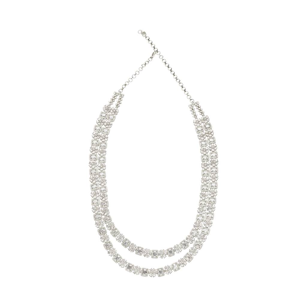 Rhodium Plated Zircon Studded Double Layer Long Necklace & Drop Earrings Set : VN003