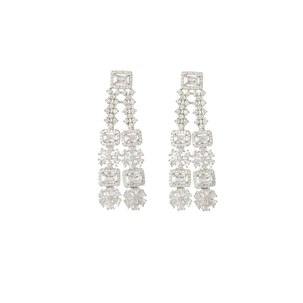 Rhodium Plated Zircon Studded Double Layer Long Necklace & Drop Earrings Set : VN003