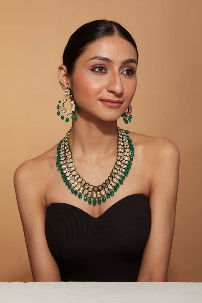Gold Plated Kundan & Green Beads Drop Necklace & Dangle Earring Set : VN004