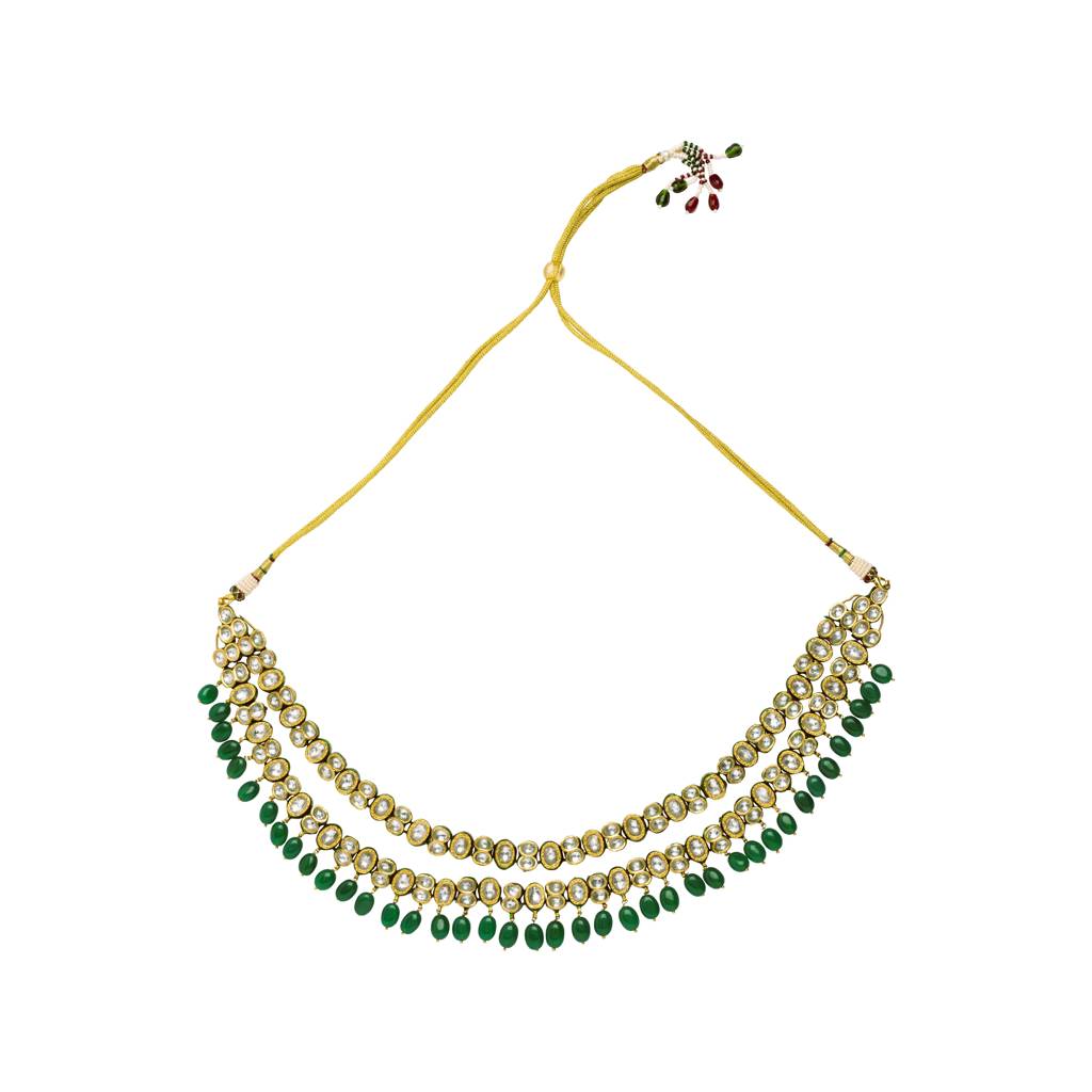 Gold Plated Kundan & Green Beads Drop Necklace & Dangle Earring Set : VN004