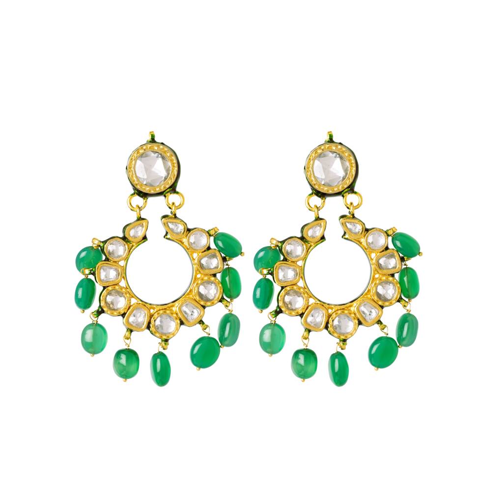 Gold Plated Kundan & Green Beads Drop Necklace & Dangle Earring Set : VN004