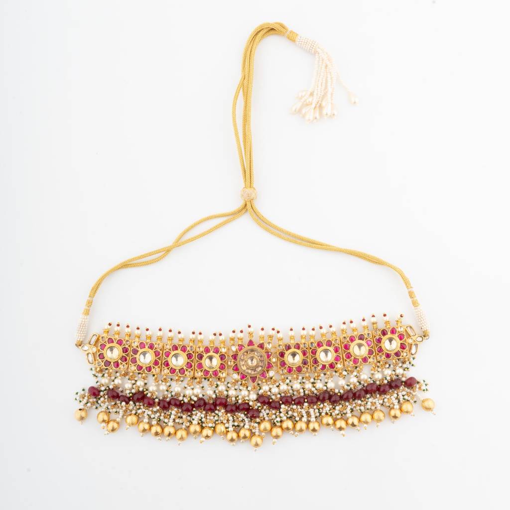 Kundan Polki With Synthetic Stone & Beads Drop Choker Necklace Set : VN026