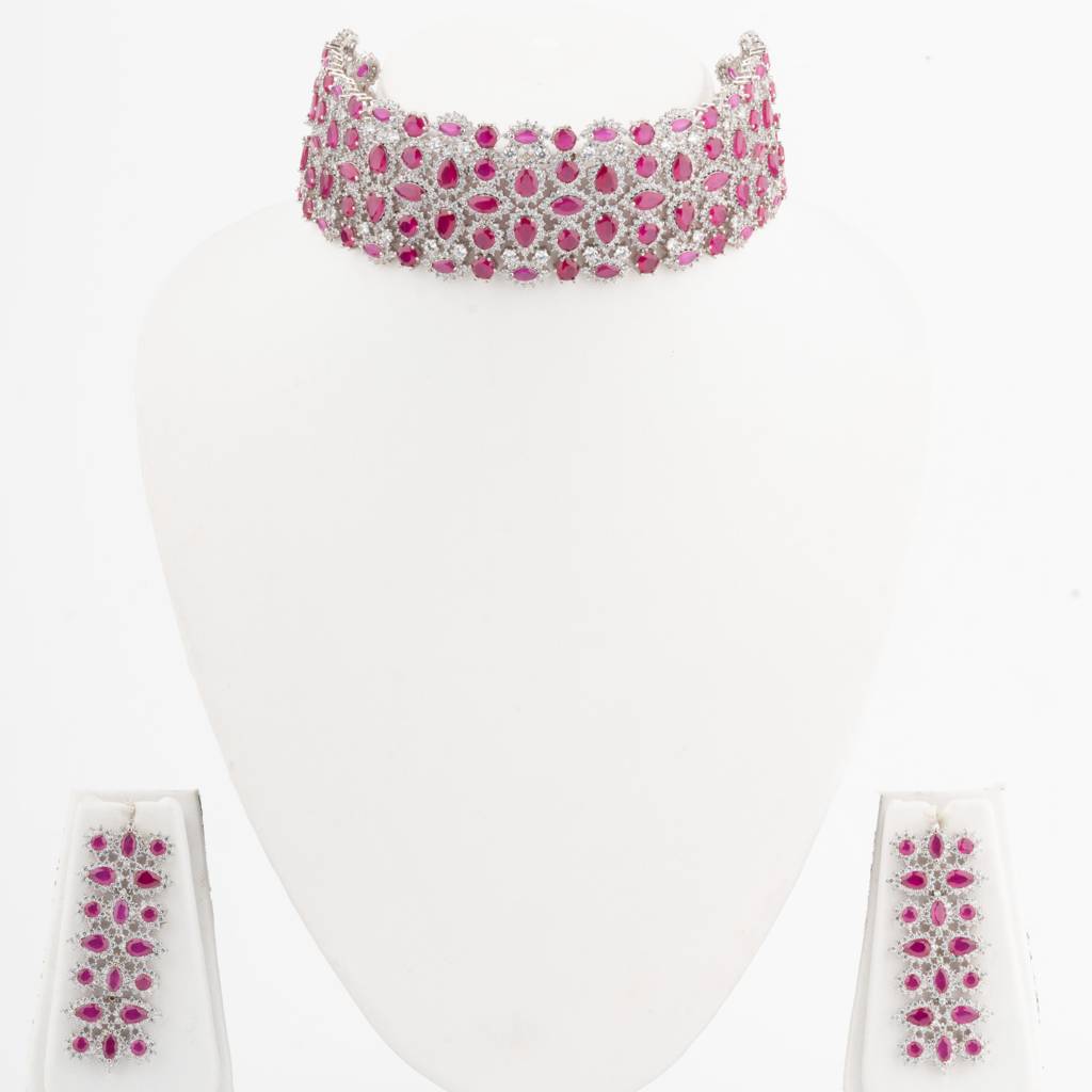 White-Finished Zircon Necklace Set-Pink. : VN040