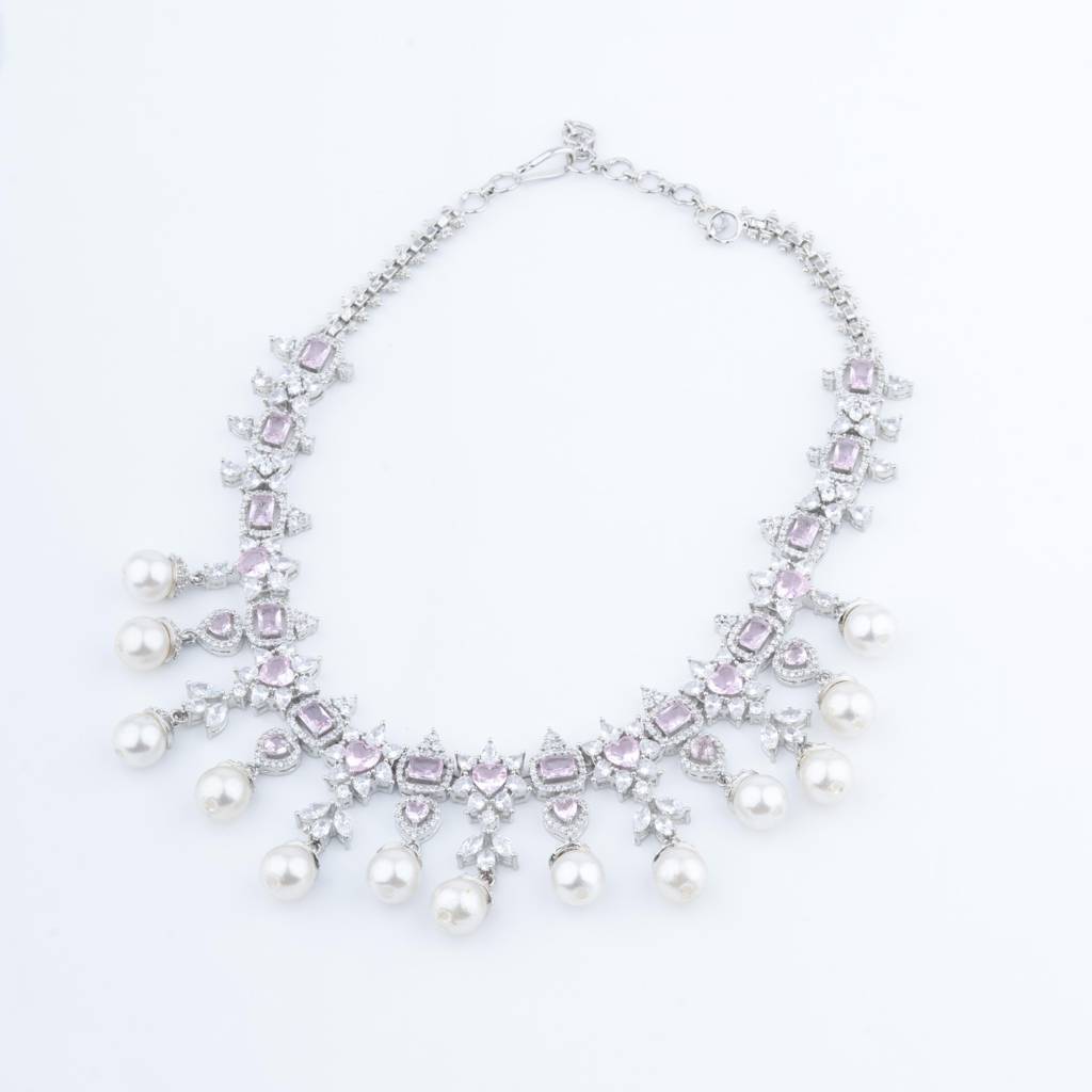 White-Finished Zircon Necklace Set For Women. : VN087