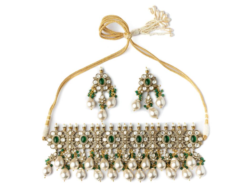 Vivinia By Vidhi Mehra Gold Plated Green Womens Kundan, Polki Necklace Set With Pair Of Earrings-Vn1000 : VN1000