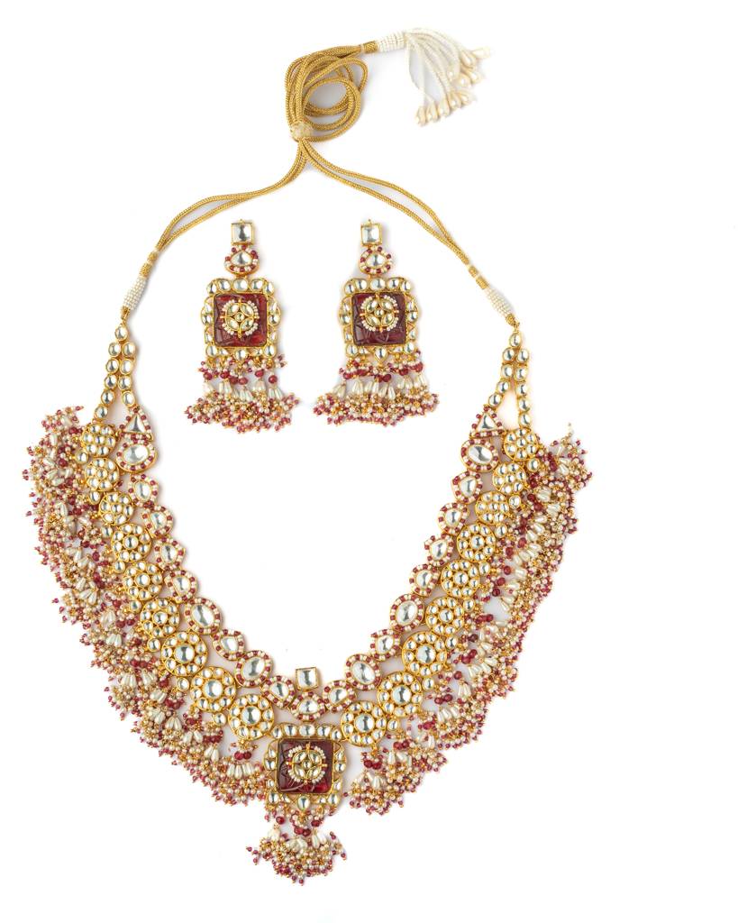 Vivinia By Vidhi Mehra Gold Plated Red Womens Kundan, Polki Necklace Set With Pair Of Earrings-Vn1003 : VN1003