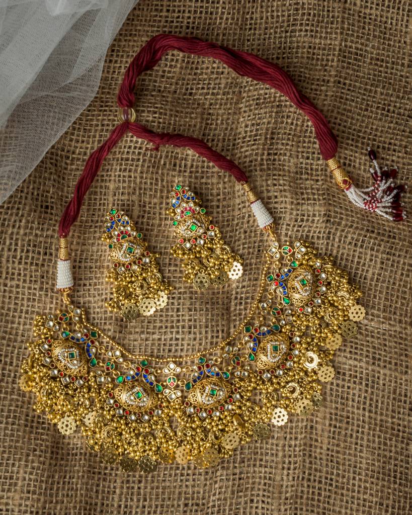 Vivinia By Vidhi Mehra Gold Plated Green Womens Synthetic Stone Necklace Set With Pair Of Earrings-Vn1005 : VN1005