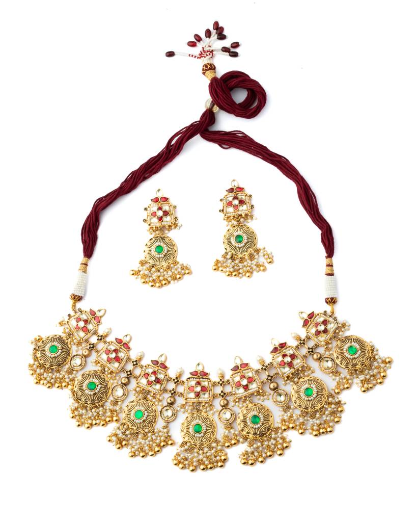 Vivinia By Vidhi Mehra Gold Plated Green Womens Kundan, Polki Necklace Set With Pair Of Earrings-Vn1006 : VN1006