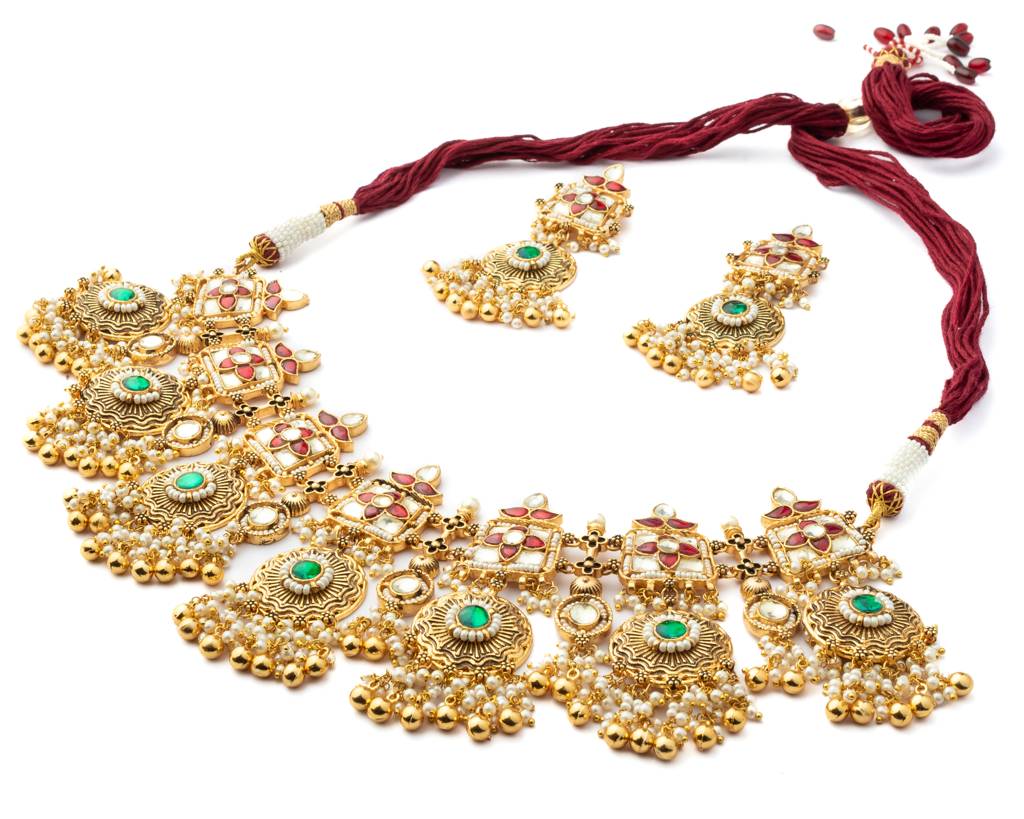Vivinia By Vidhi Mehra Gold Plated Green Womens Kundan, Polki Necklace Set With Pair Of Earrings-Vn1006 : VN1006