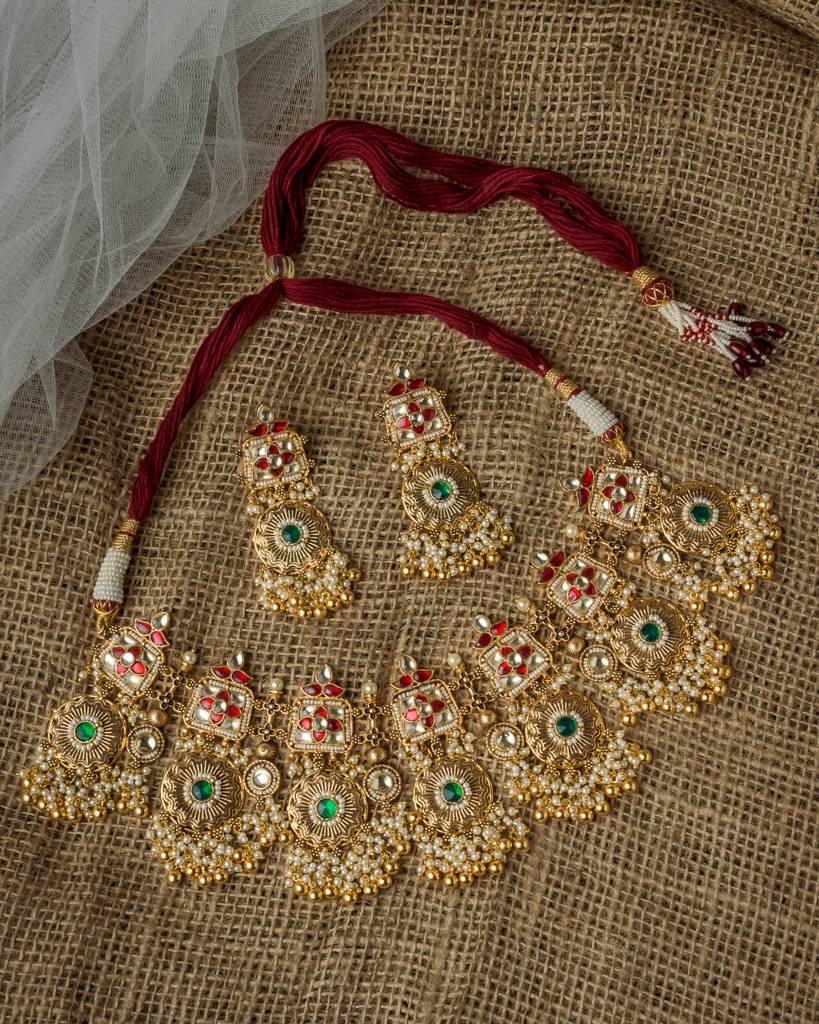 Vivinia By Vidhi Mehra Gold Plated Green Womens Kundan, Polki Necklace Set With Pair Of Earrings-Vn1006 : VN1006