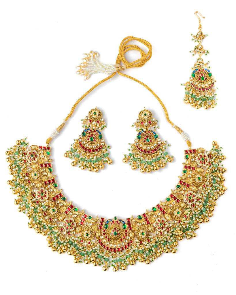 Vivinia By Vidhi Mehra Gold Plated Pink Womens Synthetic Stone Necklace Set With Pair Of Earrings & Maangtikka-Vn1008 : VN1008