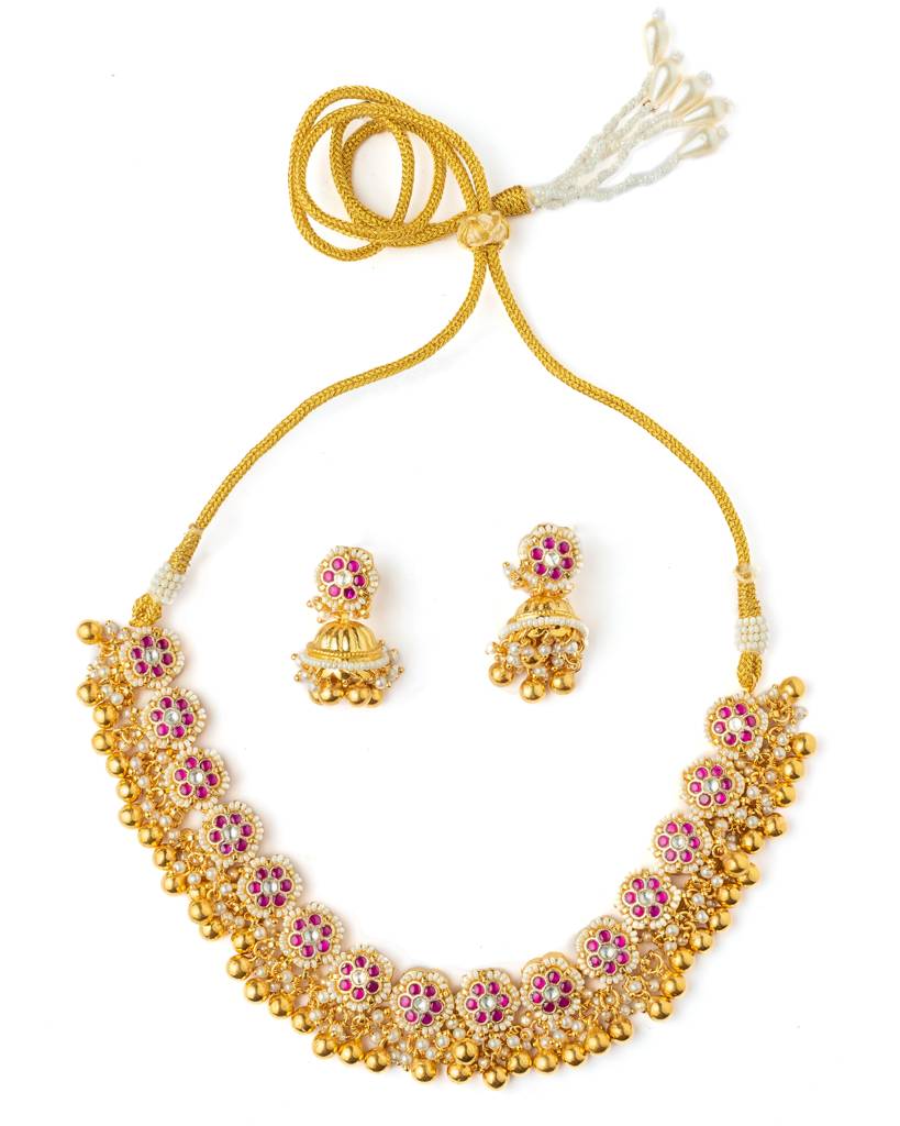 Vivinia By Vidhi Mehra Gold Plated Pink Womens Synthetic Stone Necklace Set With Pair Of Earrings-Vn1010 : VN1010