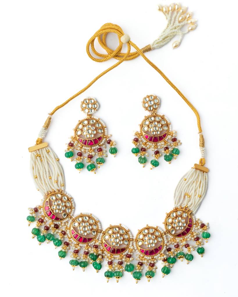 Vivinia By Vidhi Mehra Gold Plated Multicolored Womens Kundan, Polki Necklace Set With Pair Of Earrings-Vn1028 : VN1028