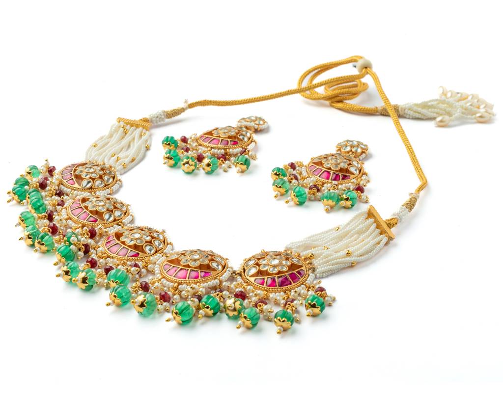 Vivinia By Vidhi Mehra Gold Plated Multicolored Womens Kundan, Polki Necklace Set With Pair Of Earrings-Vn1028 : VN1028