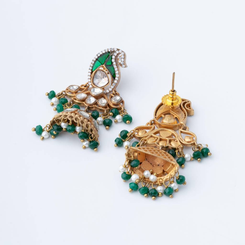 Gold Finish Green Beaded & Kundan Polki Long Pendant Necklace Set : VN139