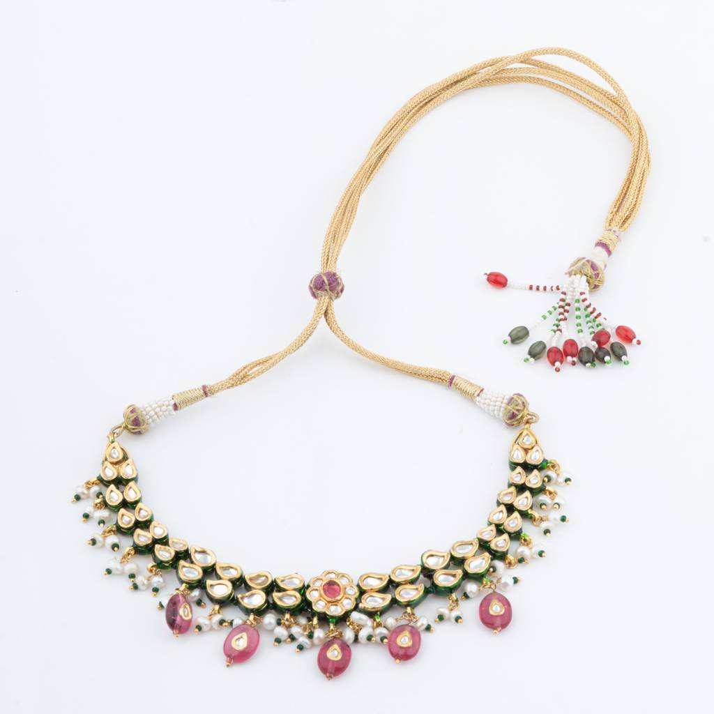Meenakari Kundan With Red Beads Drop Choker Necklace Set : VN158