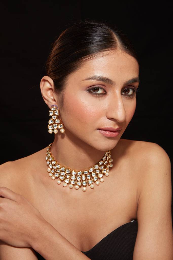 Gold Plated Kundan Polki With Bead Drop Choker Necklace & Earrings Set : VN233