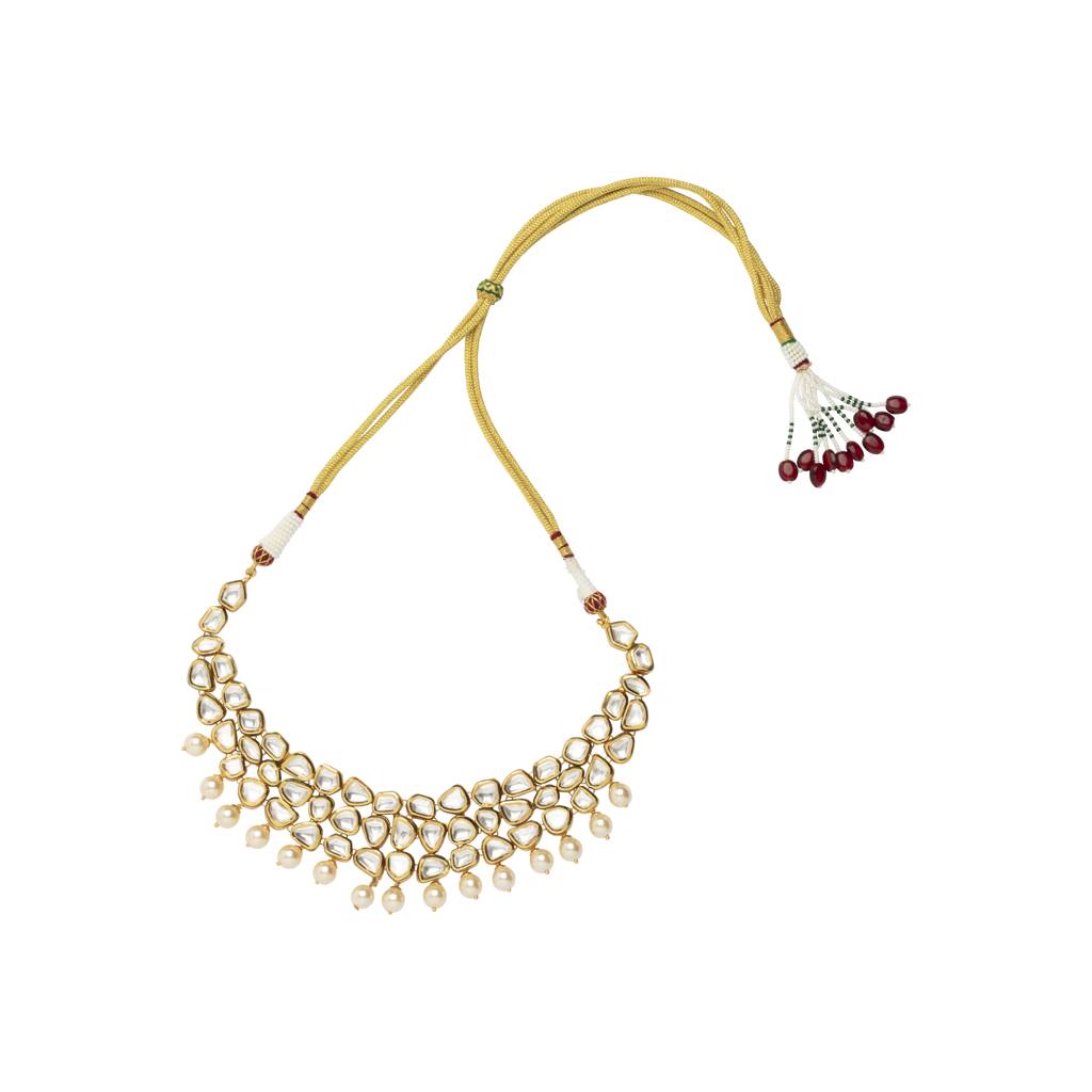Gold Plated Kundan Polki With Bead Drop Choker Necklace & Earrings Set : VN233
