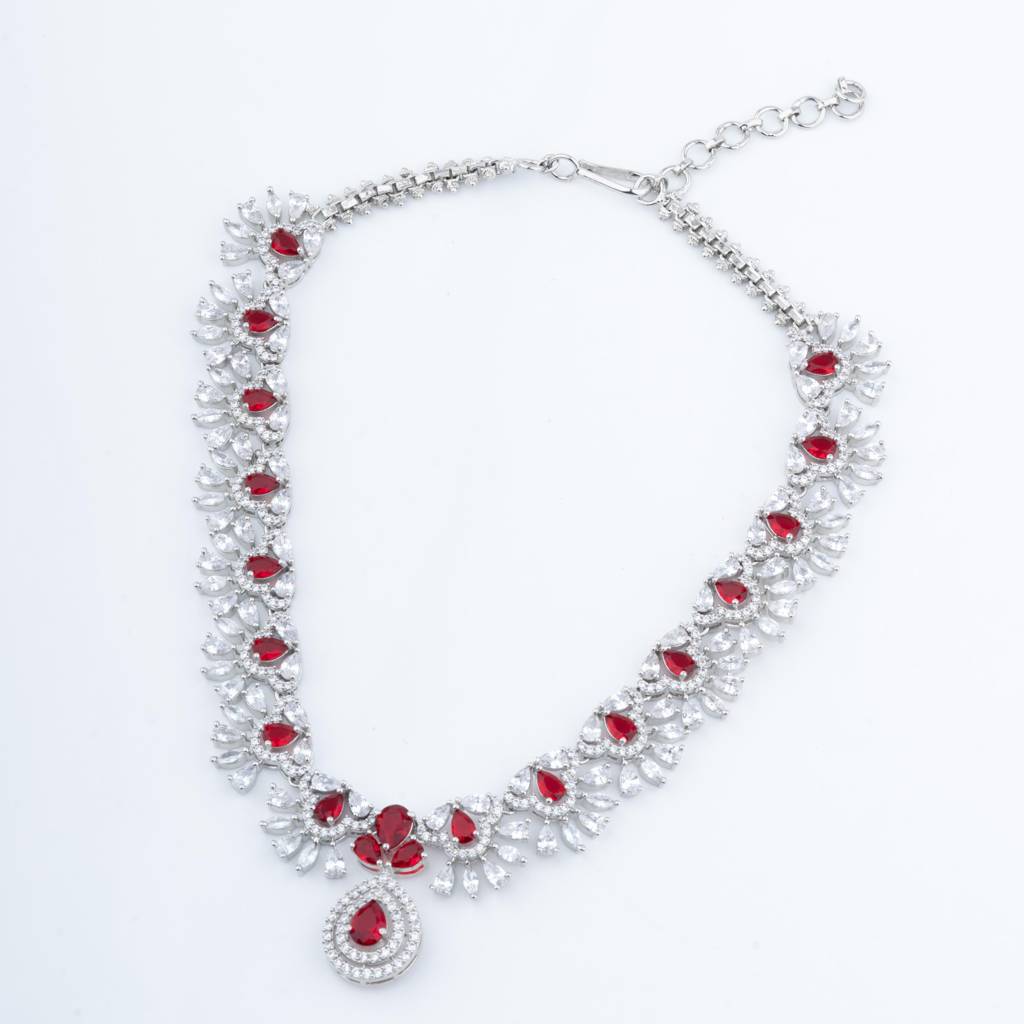 White-Finished Zircon Necklace Set - Red : VN249
