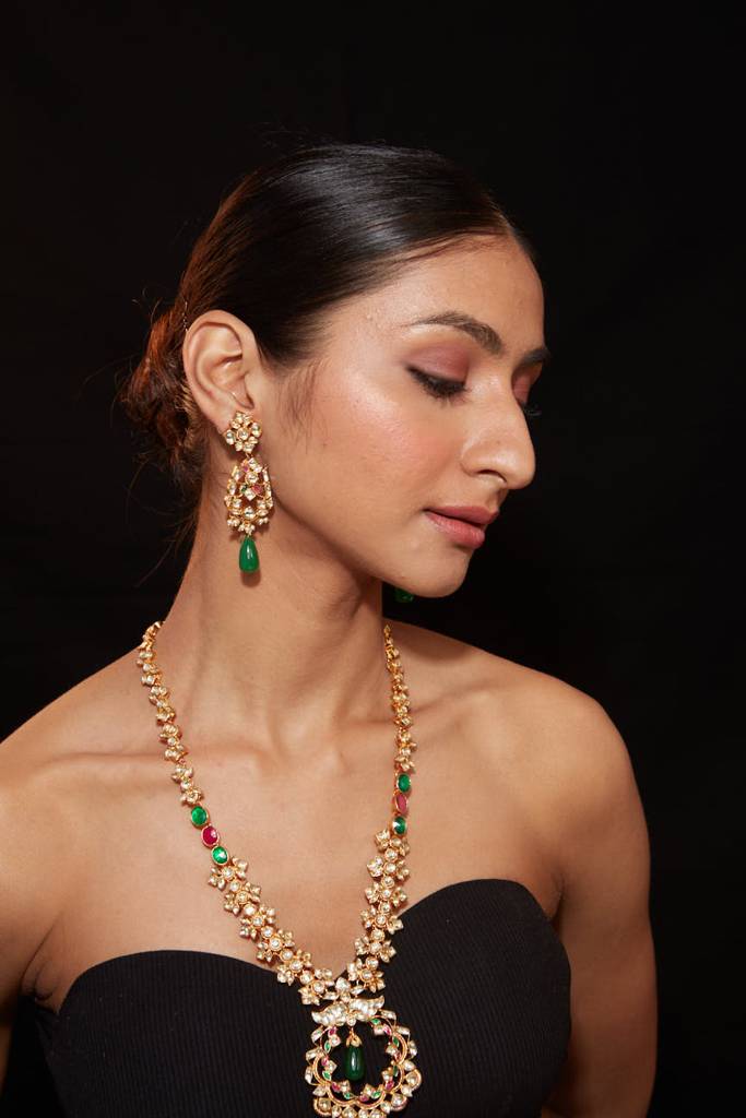 Gold Plated Kundan With Enamelled Stone Long Necklace & Earrings Set : VN318