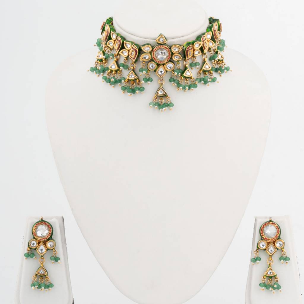 Kundan Studded With Green Beads Drop Choker Necklace & Dangle Earrings Set : VN332