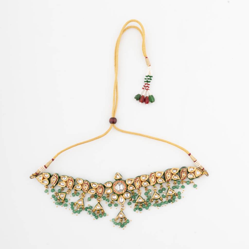 Kundan Studded With Green Beads Drop Choker Necklace & Dangle Earrings Set : VN332