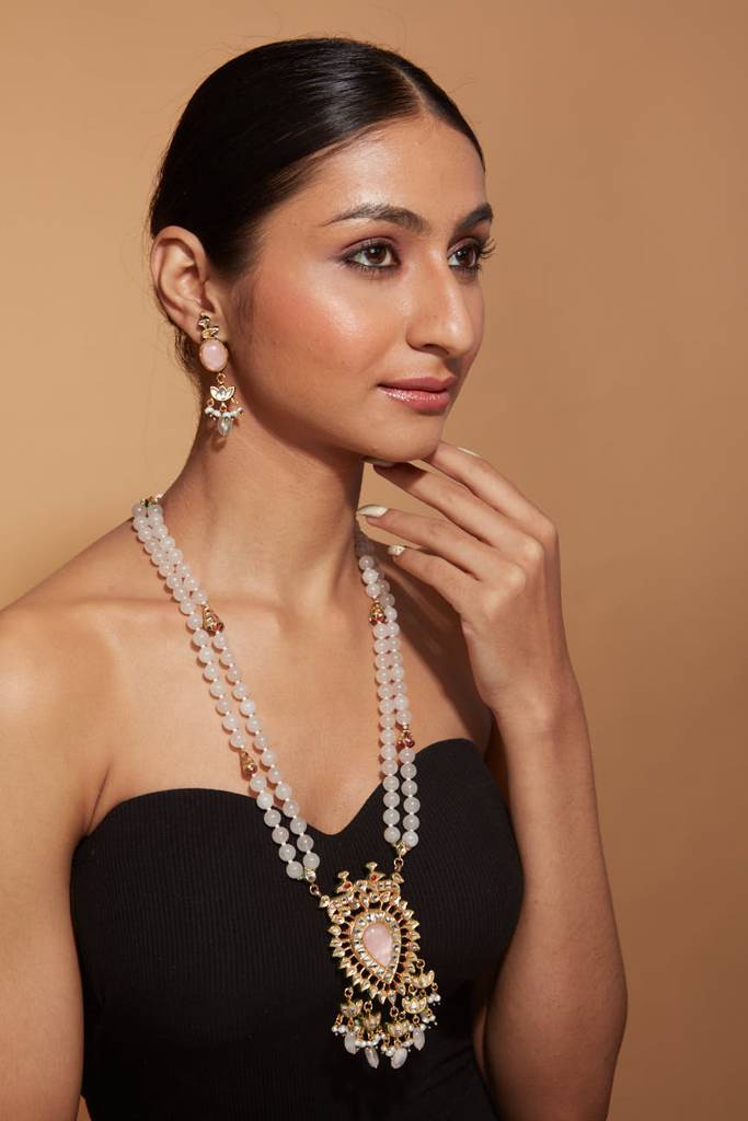 Gold Plated Beads With Pendant Long Necklace & Dangle Earrings Set : VN379