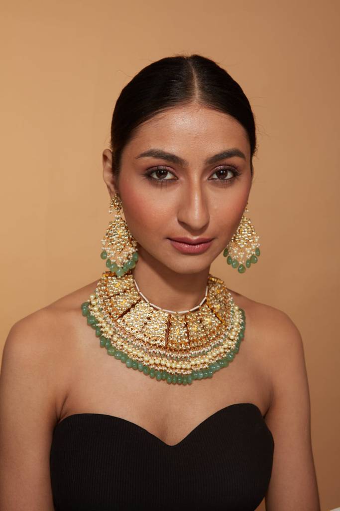 Gold Plated Kundan Polki Green Bead Drop Choker Necklace & Chaandbali Earrings Set : VN394
