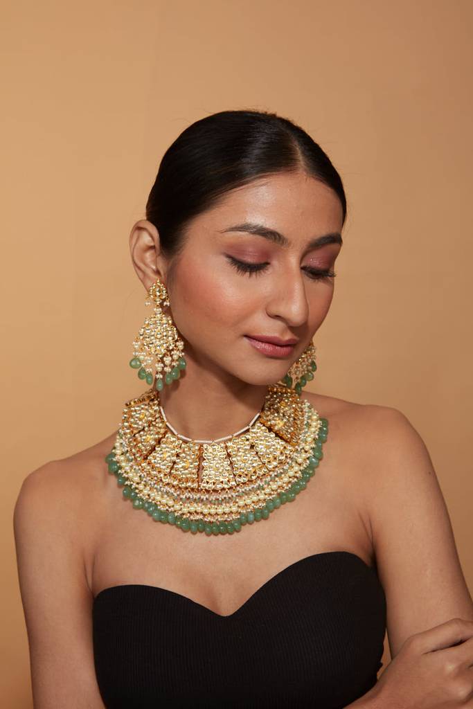 Gold Plated Kundan Polki Green Bead Drop Choker Necklace & Chaandbali Earrings Set : VN394