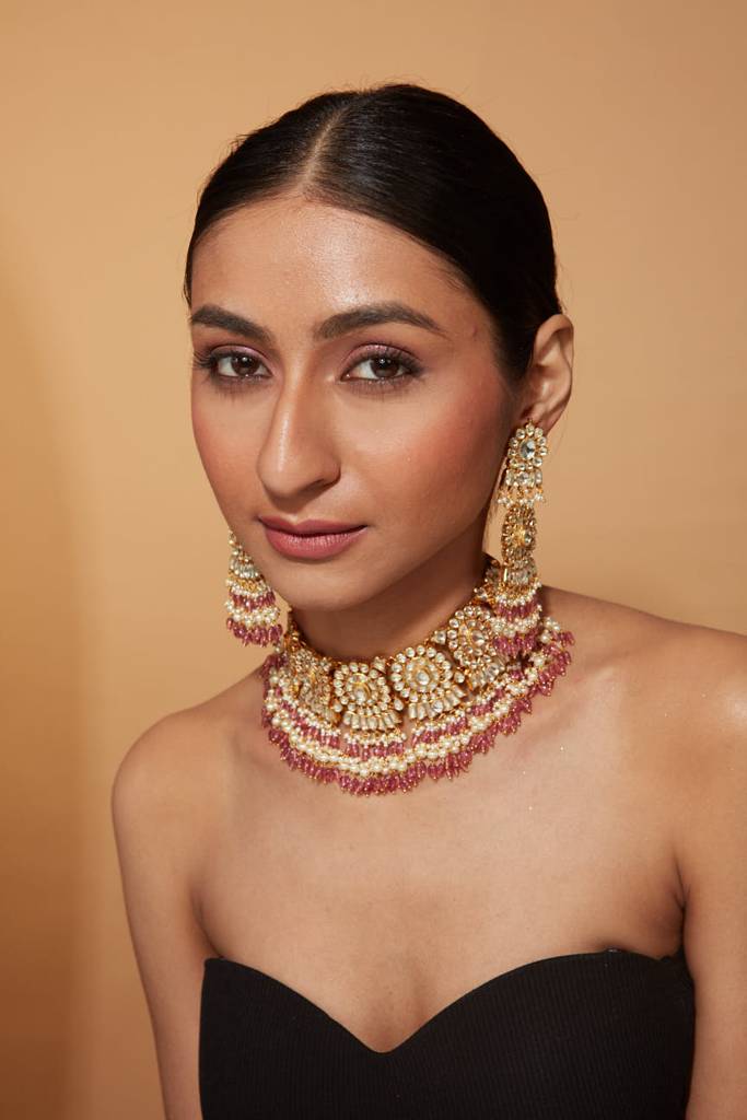 Gold Plated Kundan Polki Red Bead Drop Choker Necklace & Chaandbali Earrings Set : VN395