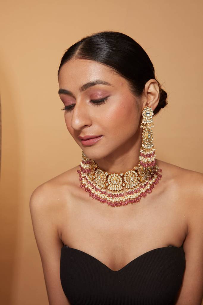 Gold Plated Kundan Polki Red Bead Drop Choker Necklace & Chaandbali Earrings Set : VN395