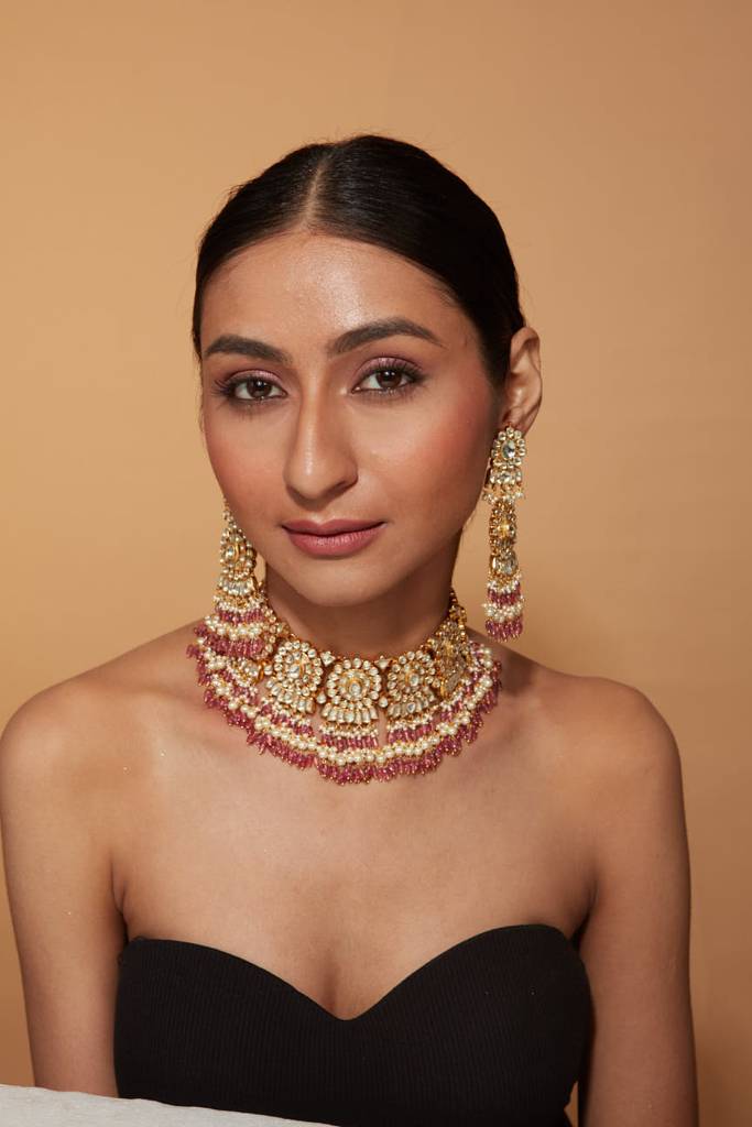 Gold Plated Kundan Polki Red Bead Drop Choker Necklace & Chaandbali Earrings Set : VN395