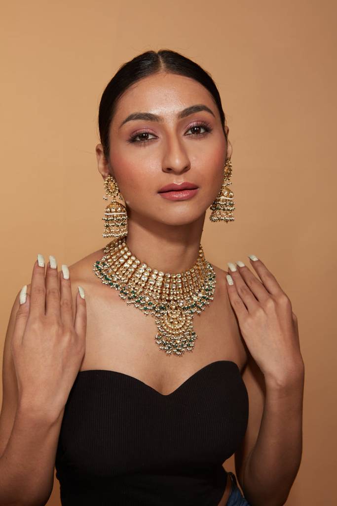 Gold Plated Kundan Polki Green Beads Bridal Choker Necklace & Jhumka Earrings Set. : VN396