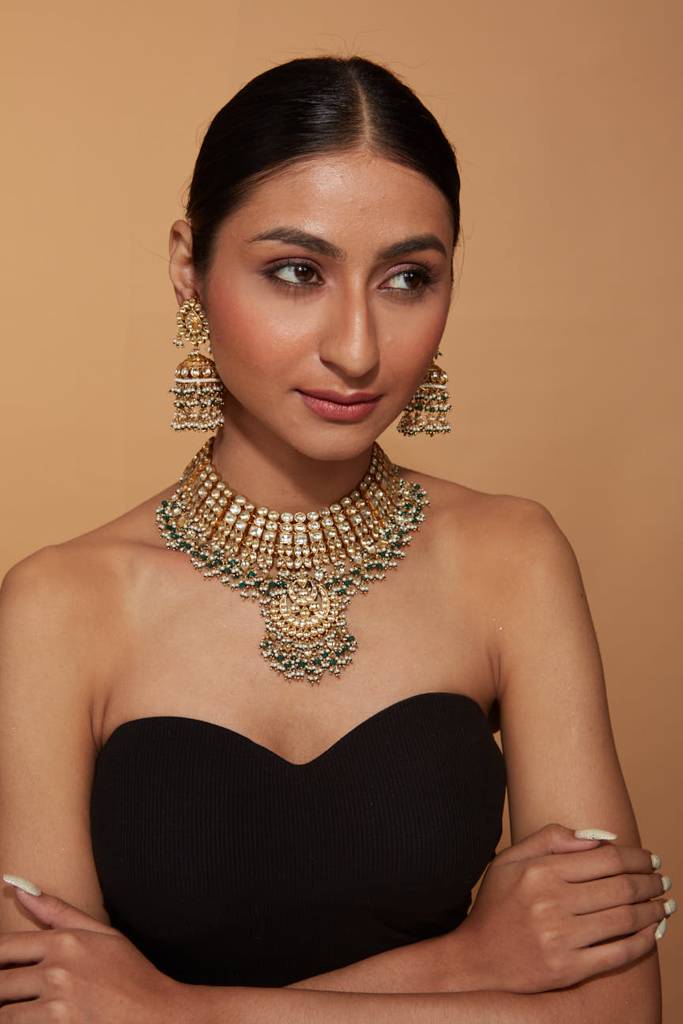 Gold Plated Kundan Polki Green Beads Bridal Choker Necklace & Jhumka Earrings Set. : VN396